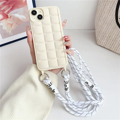 For iPhone 15 Case Grid Soft TPU Shockproof Phone Cover with Lanyard
