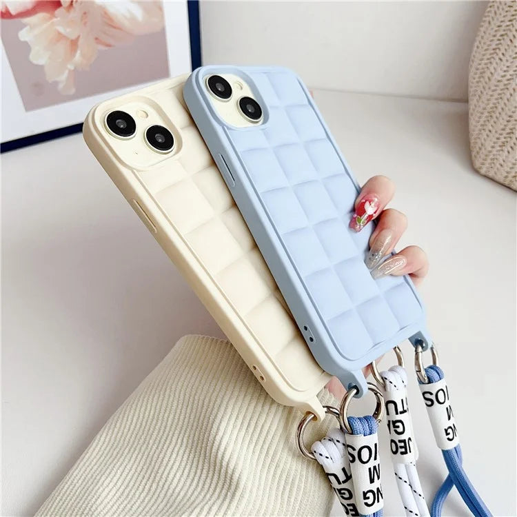 For iPhone 15 Case Grid Soft TPU Shockproof Phone Cover with Lanyard
