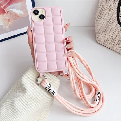For iPhone 15 Case Grid Soft TPU Shockproof Phone Cover with Lanyard