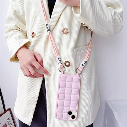 For iPhone 15 Case Grid Soft TPU Shockproof Phone Cover with Lanyard