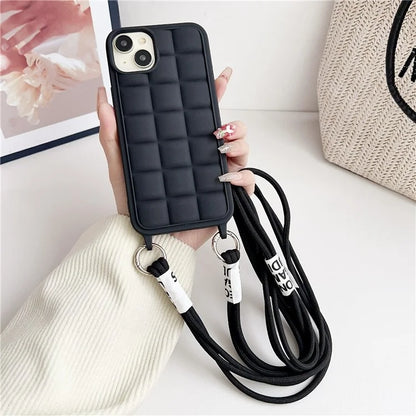 For iPhone 15 Case Grid Soft TPU Shockproof Phone Cover with Lanyard