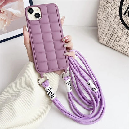 For iPhone 15 Case Grid Soft TPU Shockproof Phone Cover with Lanyard