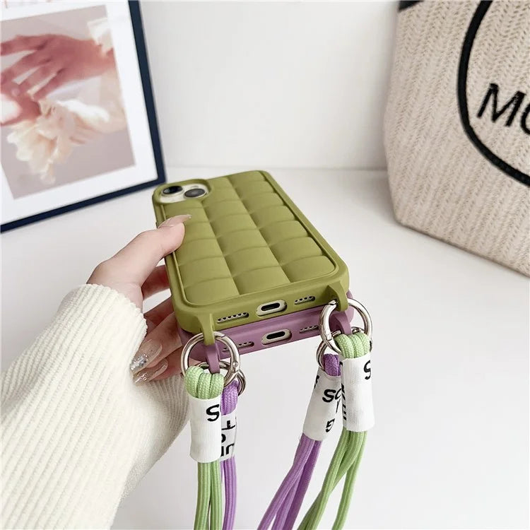 For iPhone 15 Case Grid Soft TPU Shockproof Phone Cover with Lanyard