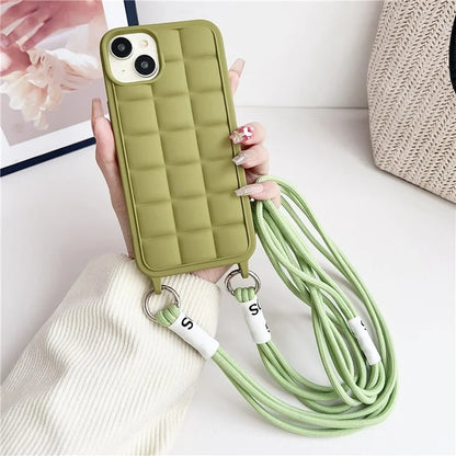 For iPhone 15 Case Grid Soft TPU Shockproof Phone Cover with Lanyard