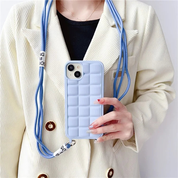 For iPhone 15 Case Grid Soft TPU Shockproof Phone Cover with Lanyard