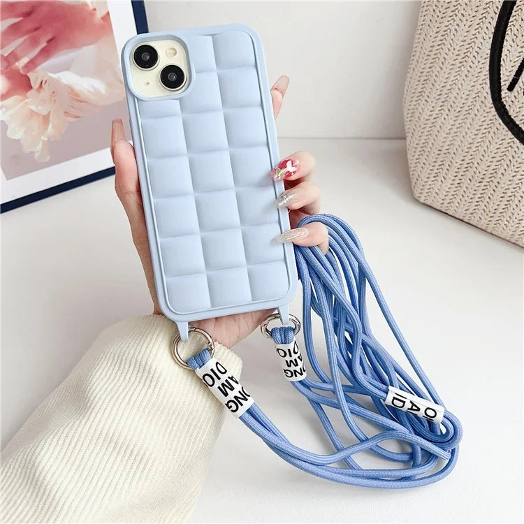 For iPhone 15 Case Grid Soft TPU Shockproof Phone Cover with Lanyard
