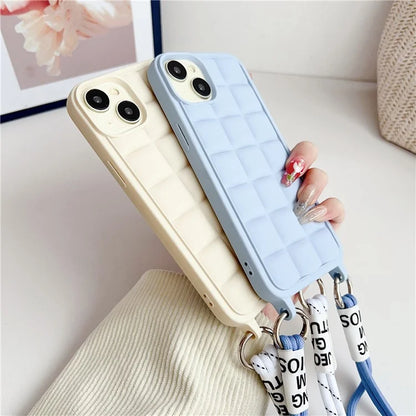 For iPhone 15 Case Grid Soft TPU Shockproof Phone Cover with Lanyard
