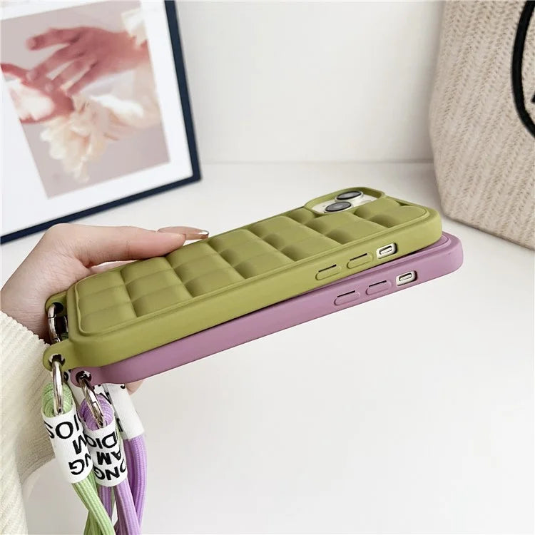 For iPhone 15 Case Grid Soft TPU Shockproof Phone Cover with Lanyard