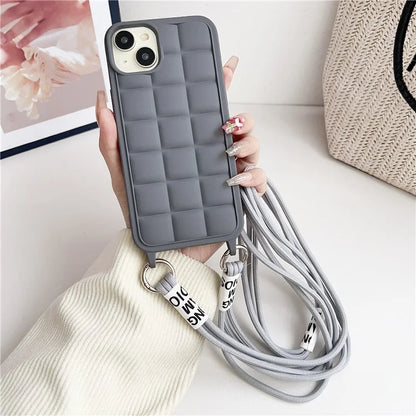 For iPhone 15 Case Grid Soft TPU Shockproof Phone Cover with Lanyard