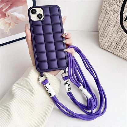 For iPhone 15 Case Grid Soft TPU Shockproof Phone Cover with Lanyard