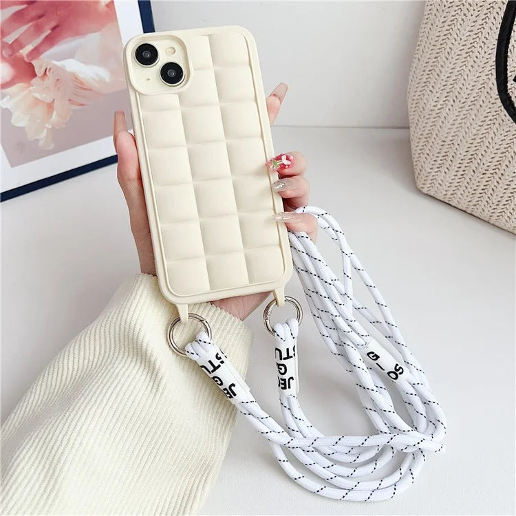 For iPhone 14 Plus Case Soft TPU Crossbody Phone Cover Grid Back Anti-Scratch
