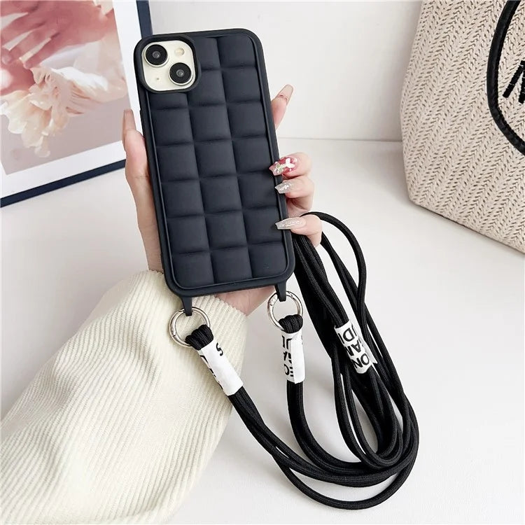 For iPhone 14 Plus Case Soft TPU Crossbody Phone Cover Grid Back Anti-Scratch
