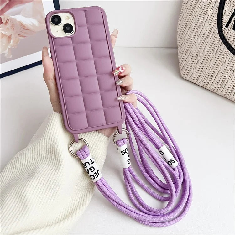 For iPhone 14 Plus Case Soft TPU Crossbody Phone Cover Grid Back Anti-Scratch