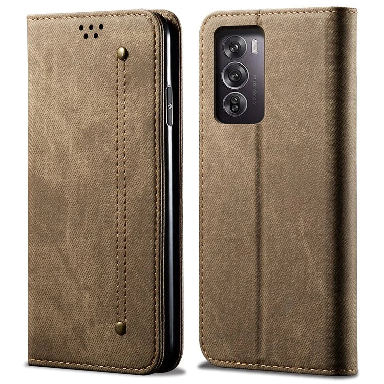 For Oppo Reno12 5G (Global) Case Leather Shockproof Phone Cover Jeans Cloth Texture Stand Function