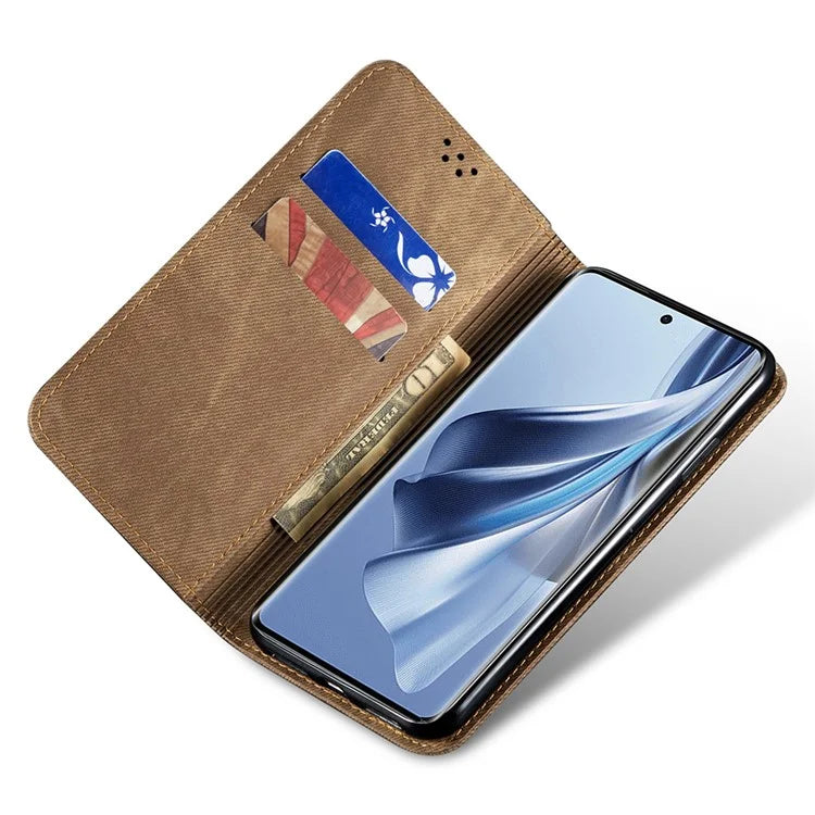 For Oppo Reno12 5G (Global) Case Leather Shockproof Phone Cover Jeans Cloth Texture Stand Function