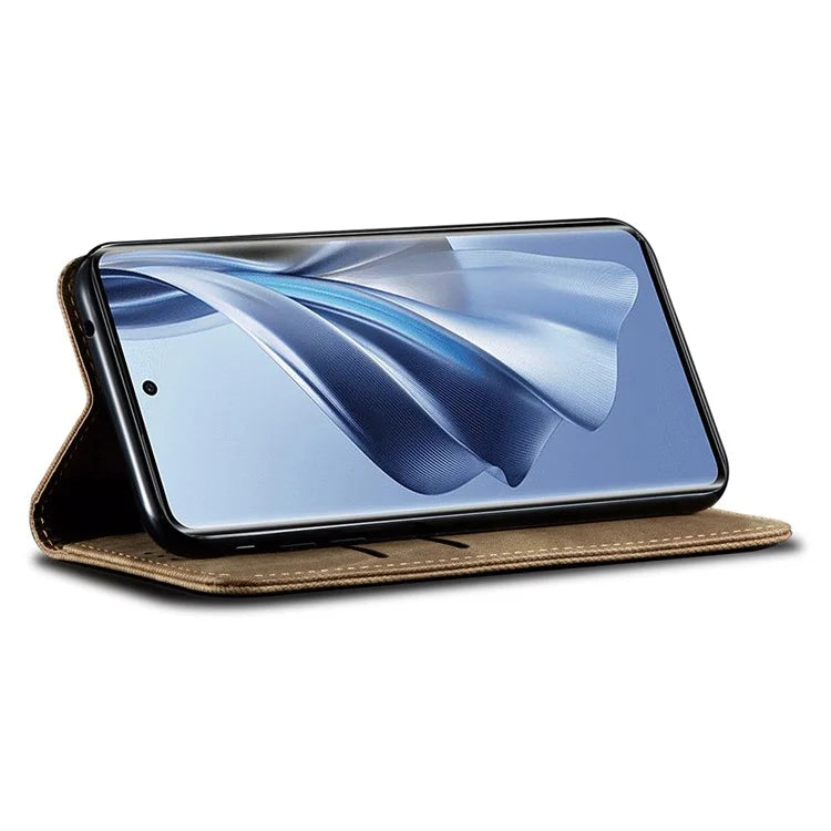 For Oppo Reno12 5G (Global) Case Leather Shockproof Phone Cover Jeans Cloth Texture Stand Function