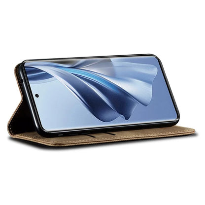 For Oppo Reno12 5G (Global) Case Leather Shockproof Phone Cover Jeans Cloth Texture Stand Function