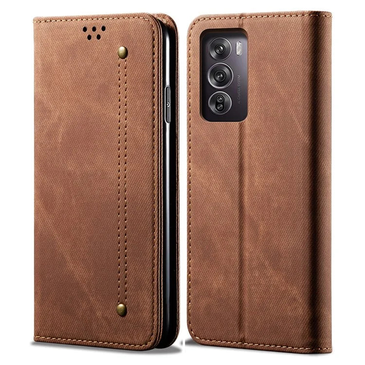 For Oppo Reno12 5G (Global) Case Leather Shockproof Phone Cover Jeans Cloth Texture Stand Function