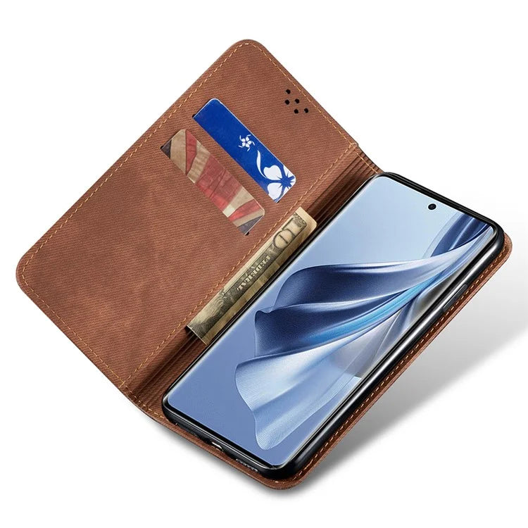 For Oppo Reno12 5G (Global) Case Leather Shockproof Phone Cover Jeans Cloth Texture Stand Function