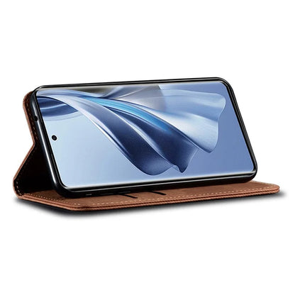 For Oppo Reno12 5G (Global) Case Leather Shockproof Phone Cover Jeans Cloth Texture Stand Function