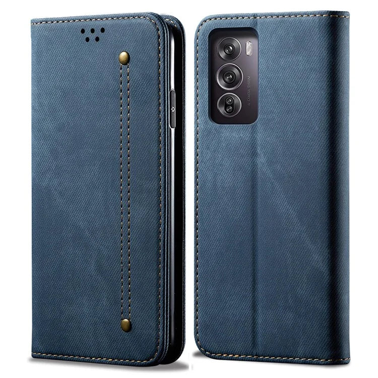 For Oppo Reno12 5G (Global) Case Leather Shockproof Phone Cover Jeans Cloth Texture Stand Function
