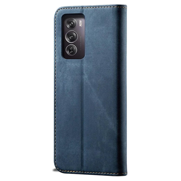 For Oppo Reno12 5G (Global) Case Leather Shockproof Phone Cover Jeans Cloth Texture Stand Function