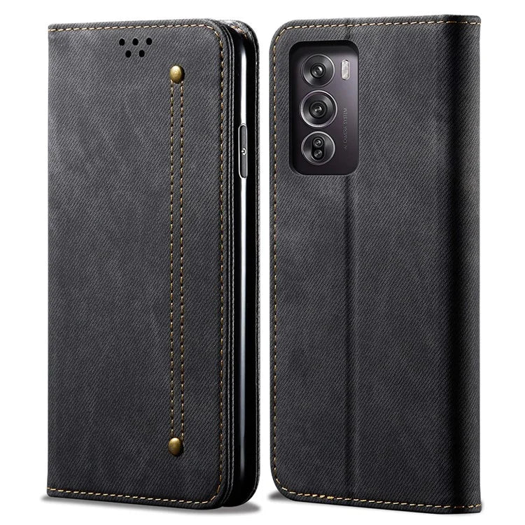 For Oppo Reno12 5G (Global) Case Leather Shockproof Phone Cover Jeans Cloth Texture Stand Function