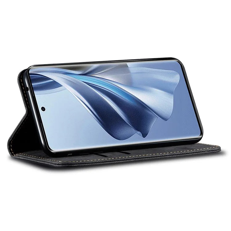 For Oppo Reno12 5G (Global) Case Leather Shockproof Phone Cover Jeans Cloth Texture Stand Function