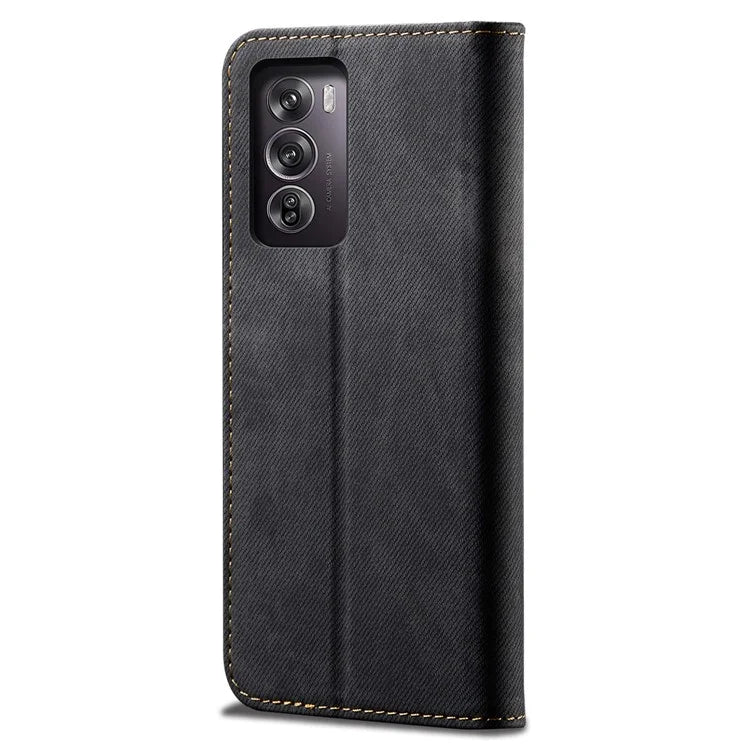 For Oppo Reno12 5G (Global) Case Leather Shockproof Phone Cover Jeans Cloth Texture Stand Function