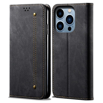 For iPhone 16 Pro Max Case Jeans Cloth Texture Anti-Fall PU Leather Wallet Phone Cover