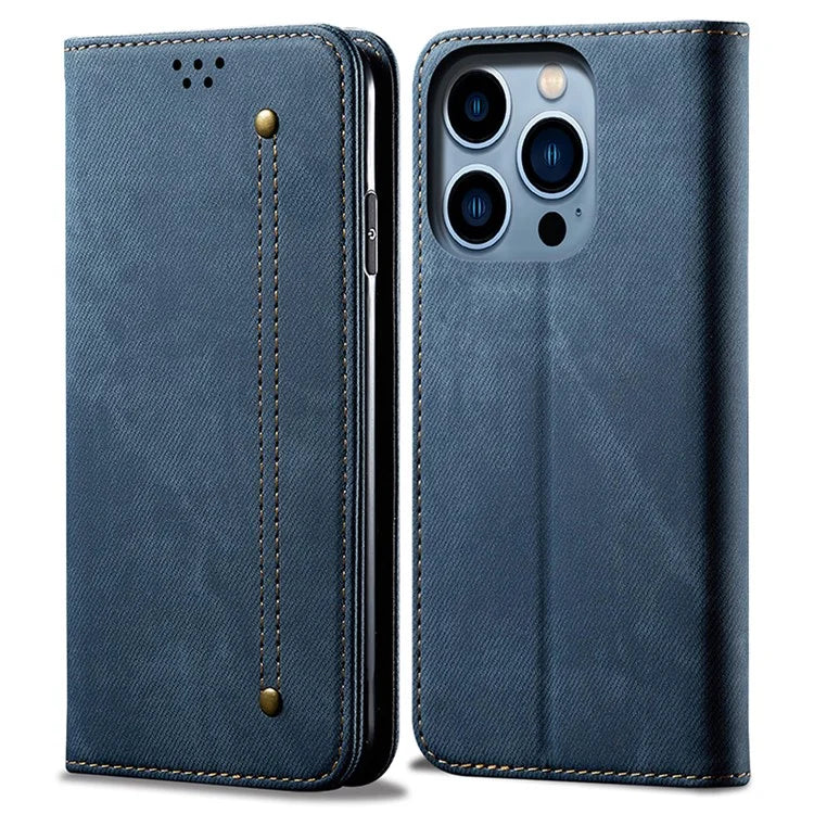 For iPhone 16 Pro Max Case Jeans Cloth Texture Anti-Fall PU Leather Wallet Phone Cover