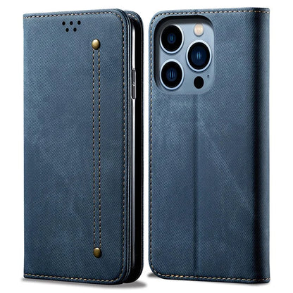 For iPhone 16 Pro Max Case Jeans Cloth Texture Anti-Fall PU Leather Wallet Phone Cover