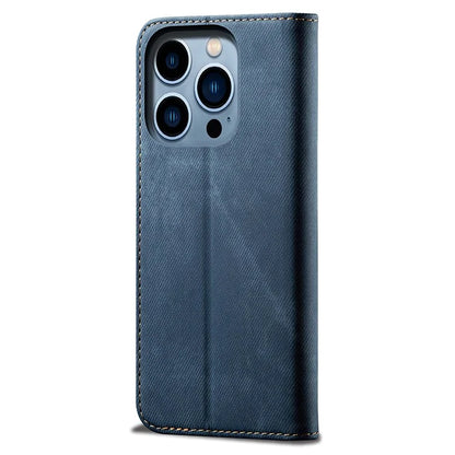 For iPhone 16 Pro Max Case Jeans Cloth Texture Anti-Fall PU Leather Wallet Phone Cover