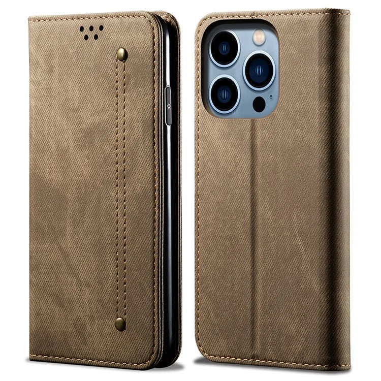 For iPhone 16 Pro Max Case Jeans Cloth Texture Anti-Fall PU Leather Wallet Phone Cover