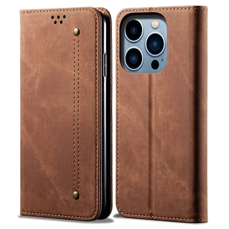 For iPhone 16 Pro Max Case Jeans Cloth Texture Anti-Fall PU Leather Wallet Phone Cover