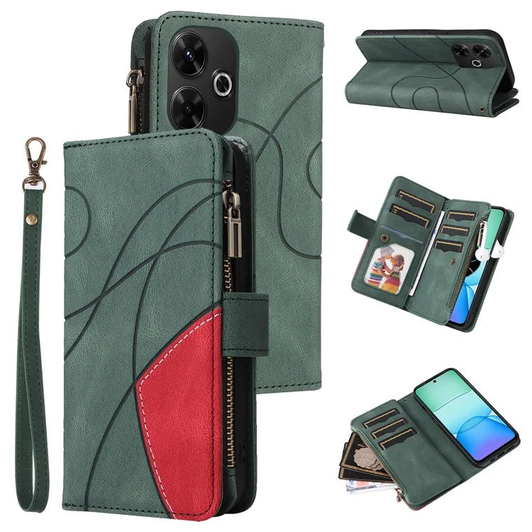 KT Multi-Function Series-5 For Xiaomi Redmi 13 5G / 13 4G / Note 13R 5G Cover PU Leather Dual Color Splicing Cell Phone Case