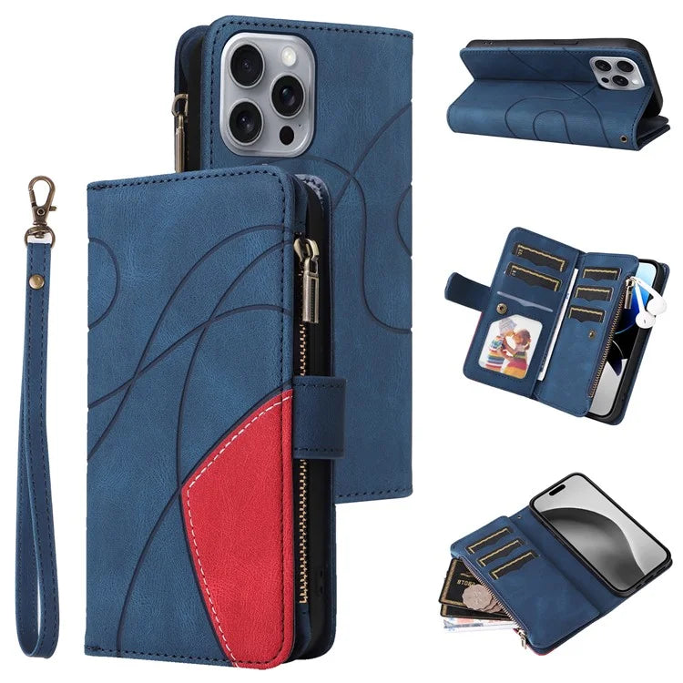 KT Multi-Function Series-5 For iPhone 16 Pro Max Cover PU Leather Dual Color Splicing Wallet Cell Phone Case