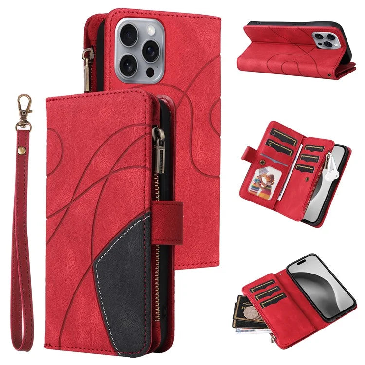KT Multi-Function Series-5 For iPhone 16 Pro Max Cover PU Leather Dual Color Splicing Wallet Cell Phone Case