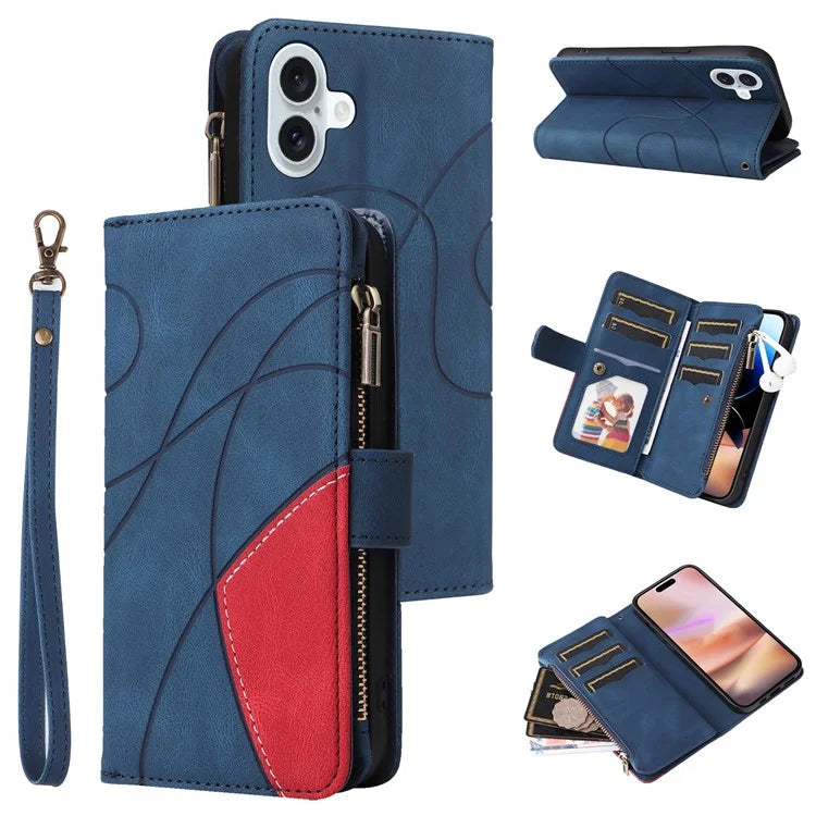 KT Multi-Function Series-5 For iPhone 16 Plus Cover PU Leather Dual Color Splicing Wallet Cell Phone Case
