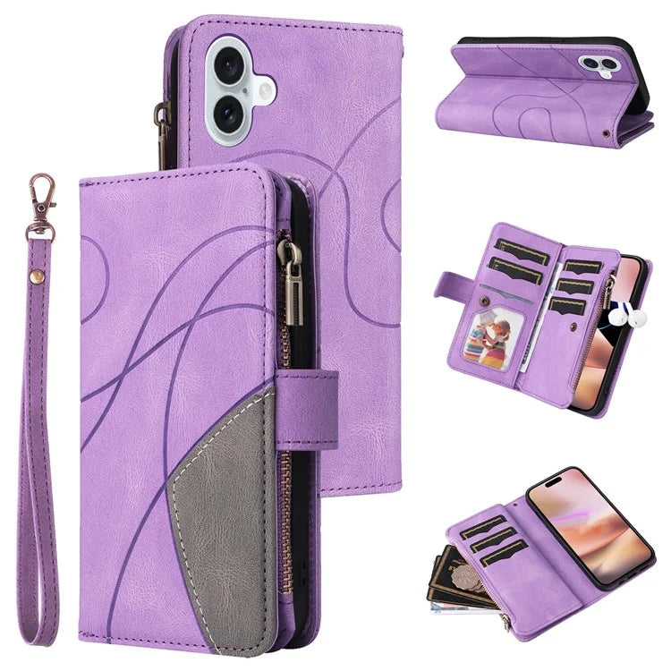 KT Multi-Function Series-5 For iPhone 16 Plus Cover PU Leather Dual Color Splicing Wallet Cell Phone Case