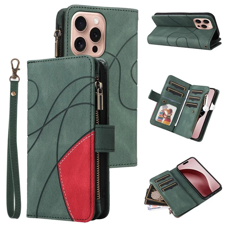 KT Multi-Function Series-5 For iPhone 16 Pro Cover PU Leather Dual Color Splicing Wallet Cell Phone Case