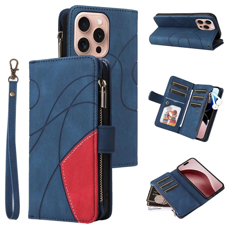 KT Multi-Function Series-5 For iPhone 16 Pro Cover PU Leather Dual Color Splicing Wallet Cell Phone Case