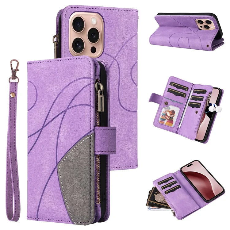 KT Multi-Function Series-5 For iPhone 16 Pro Cover PU Leather Dual Color Splicing Wallet Cell Phone Case