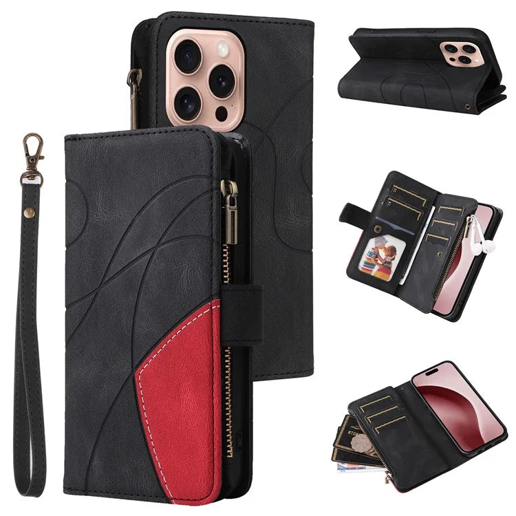 KT Multi-Function Series-5 For iPhone 16 Pro Cover PU Leather Dual Color Splicing Wallet Cell Phone Case