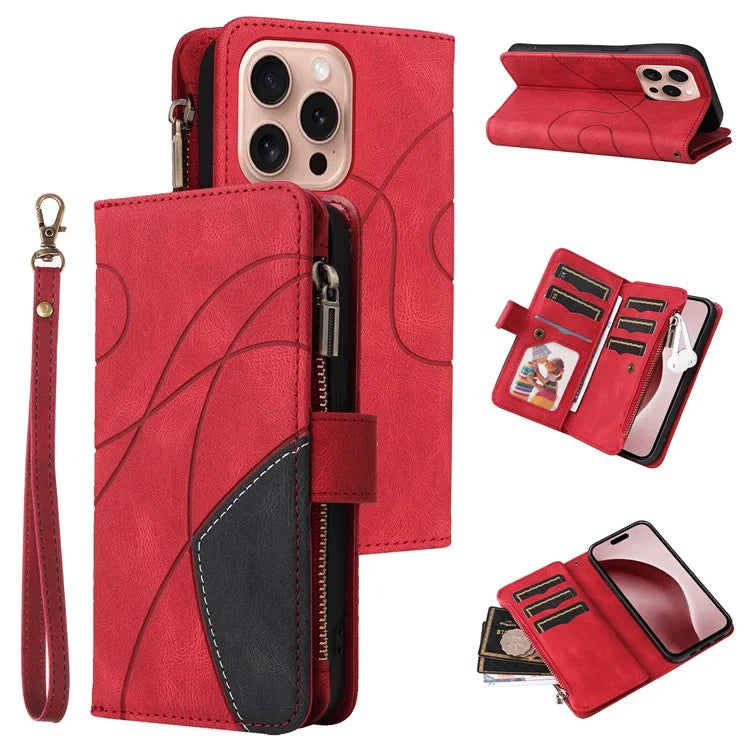 KT Multi-Function Series-5 For iPhone 16 Pro Cover PU Leather Dual Color Splicing Wallet Cell Phone Case