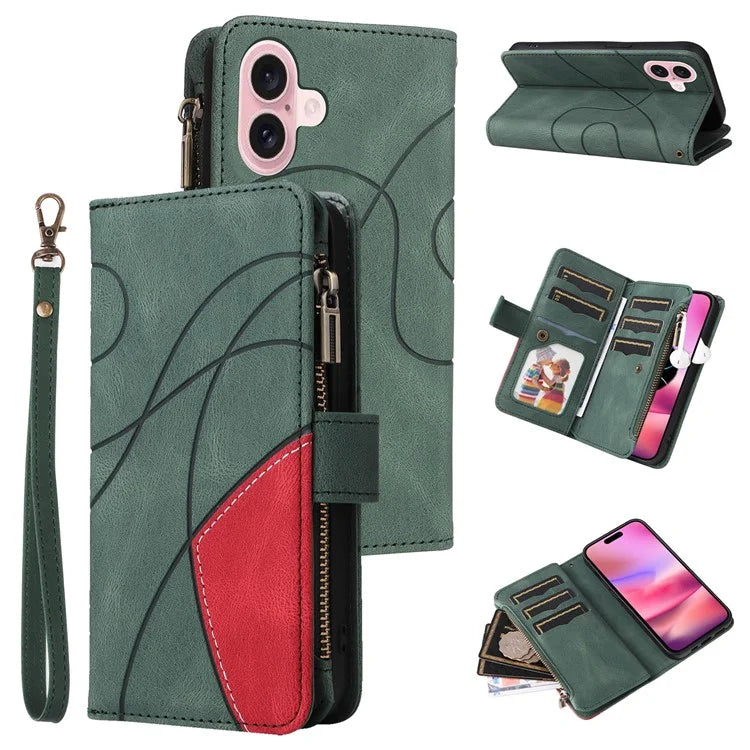 KT Multi-Function Series-5 For iPhone 16 Cover PU Leather Dual Color Splicing Wallet Cell Phone Case