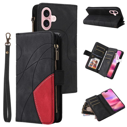 KT Multi-Function Series-5 For iPhone 16 Cover PU Leather Dual Color Splicing Wallet Cell Phone Case