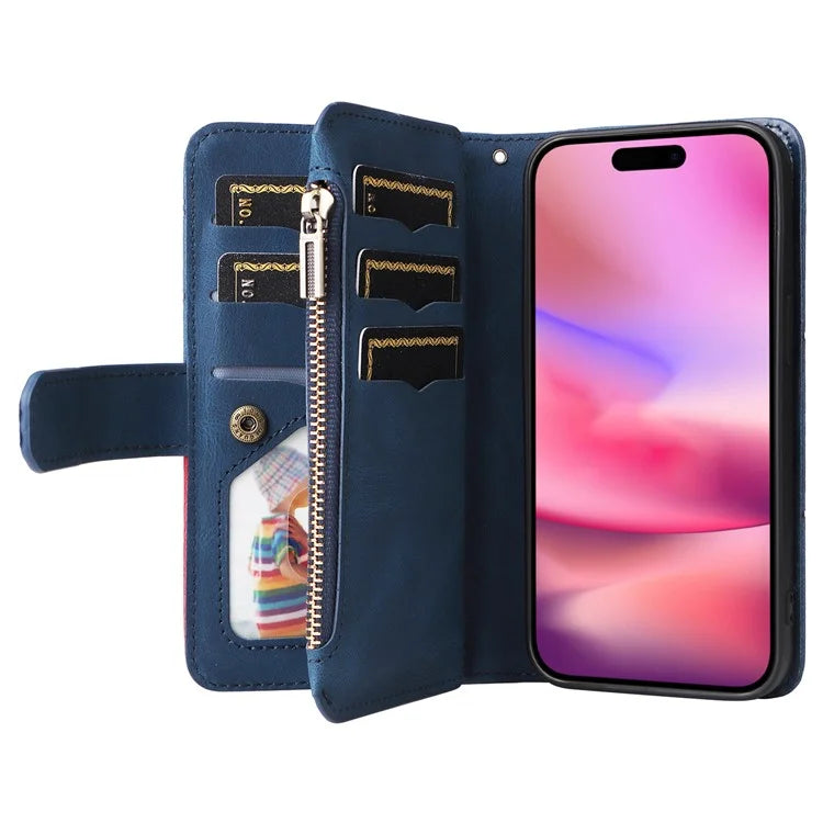 KT Multi-Function Series-5 For iPhone 16 Cover PU Leather Dual Color Splicing Wallet Cell Phone Case