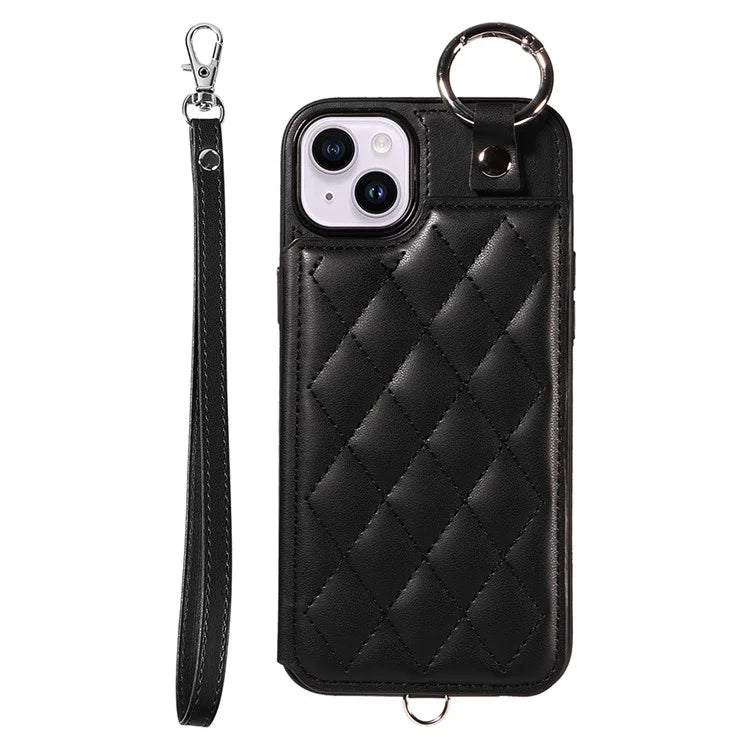 Card Bag 009 for iPhone 14 Plus Case with Hand Strap Kickstand Ring Holder Leather Back Cover