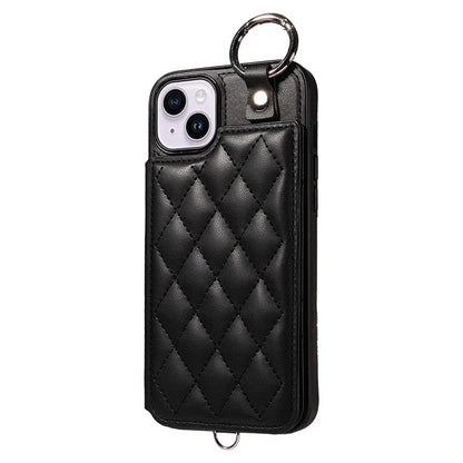Card Bag 009 for iPhone 14 Plus Case with Hand Strap Kickstand Ring Holder Leather Back Cover